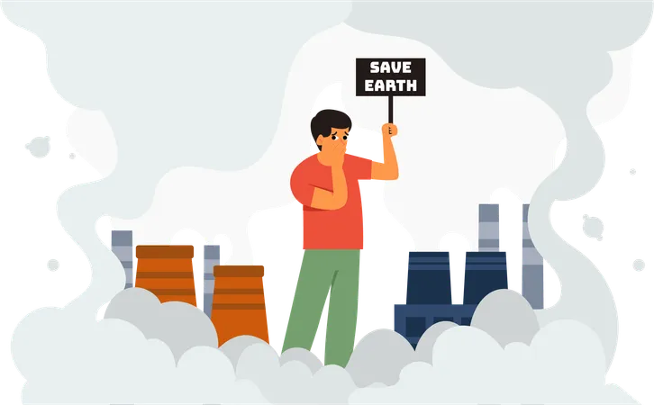 Illustration Man Speaks Out To Save The Earth With Visualisations Or Graphic Representations Of The Impacts Of Climate Change On Various Environmental Economic And Social Aspects Illustration