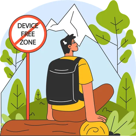 Man spending time in nature  and free form device  Illustration