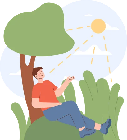 Man spending time under tree  Illustration