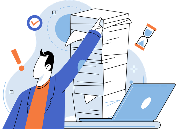 Man spent Hours for dealing with various documents at work  Illustration