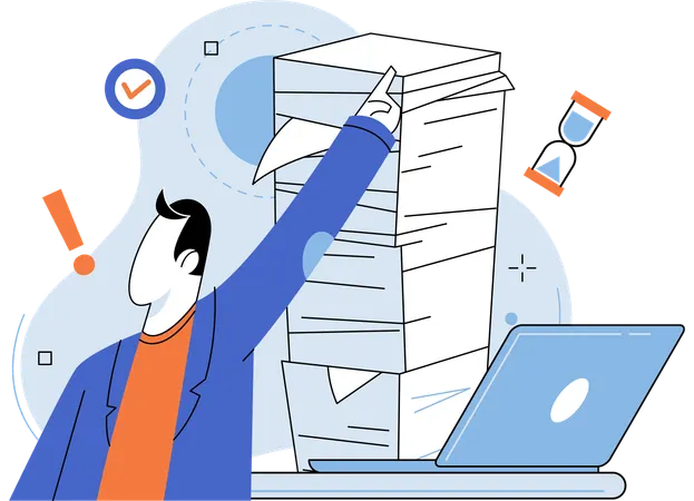 Man spent Hours for dealing with various documents at work  Illustration