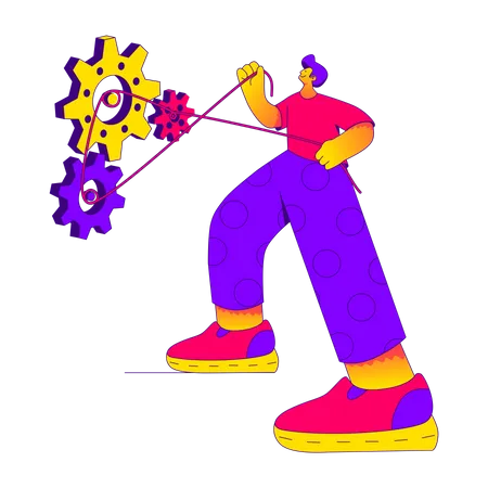 Man spinning cogwheels  Illustration