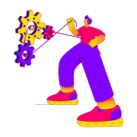 Man spinning cogwheels  Illustration