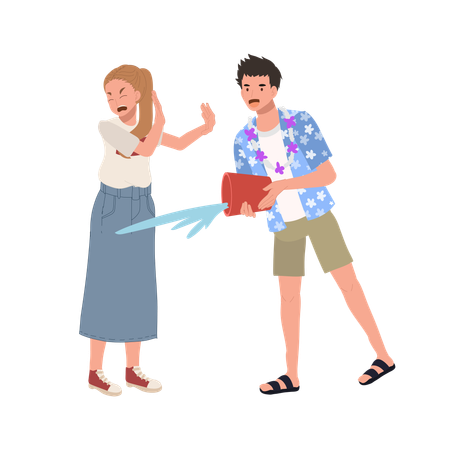 Man splash water to woman who don't want to. Don't do this.  Illustration