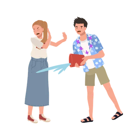 Man splash water to woman who don't want to. Don't do this.  Illustration