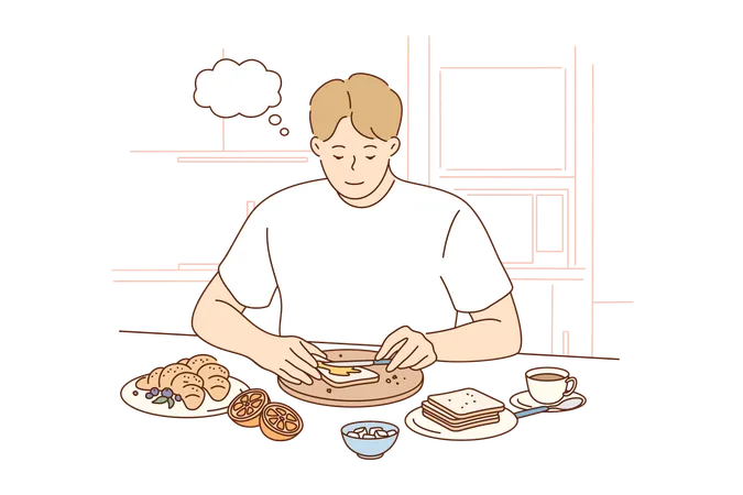 Health Care Food Thinking Concept Young Thoughtful Smiling Pensive Man Boy Character Making Toast Spreading Butter On Bread At Breakfast Lunch Dinner At Home Kitchen Healthy Eating Lifestyle Illustration