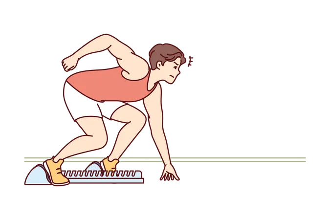 Man sprinter prepares for race at running standing in starting position  イラスト
