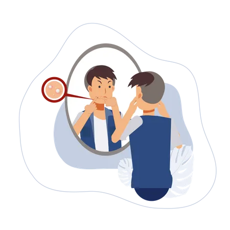 Acne Treatment A Man Squeezing His Pimple Looks His Reflection In The Mirror And Getting Angry Due To Acne Problem Acne Treatment Flat Vector Cartoon Character Illustration Illustration
