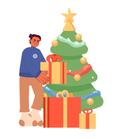 Hispanic Man Stacking Gifts Under Xmas Tree 2 D Cartoon Character Winter Sweater Guy Latin American Isolated Vector Person White Background Christmas Preparation Color Flat Spot Illustration Illustration