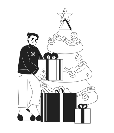Man stacking gifts under Xmas tree  Illustration
