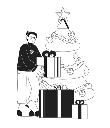 Hispanic Man Stacking Gifts Under Xmas Tree Black And White 2 D Cartoon Character Sweater Guy Latin American Isolated Vector Outline Person Christmas Preparation Monochromatic Flat Spot Illustration Illustration