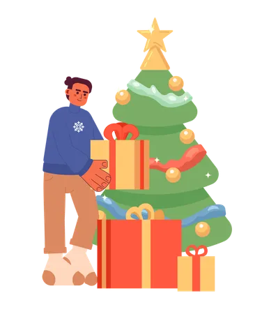 Man stacking gifts under Xmas tree  Illustration