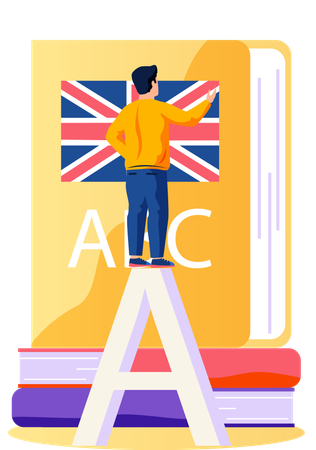 大きな教科書を持って英語を学んでいる男性  イラスト