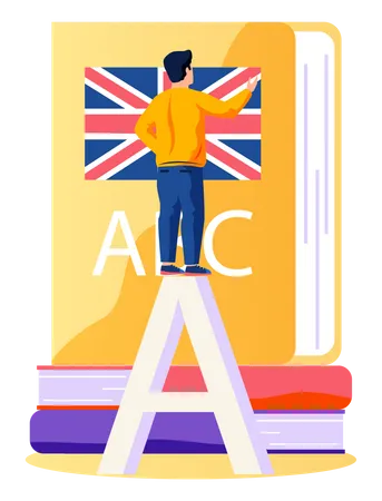 Man standing and learning English language with big textbook Illustration
