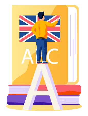 Man standing and learning English language with big textbook  Illustration