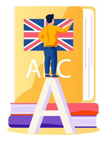 Man standing and learning English language with big textbook  일러스트레이션