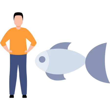 The Boy Is Standing And Looking At The Fish Illustration