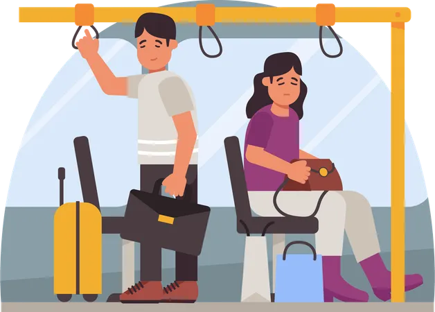 Illustration Man And Woman Are Riding Public Transport Designed To Increase The Use Of Public Transport This Artwork Is Ideal For Educational Materials Presentations Or Awareness Campaigns This Illustration Adds A Visual Dimension To The Public Transport Theme Illustration
