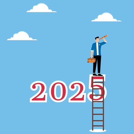 Man standing at 2025 and looks through binoculars  Illustration