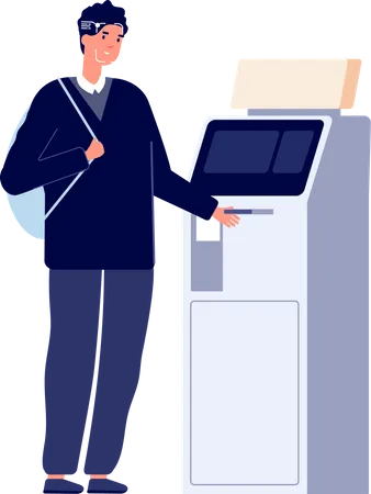 Man standing at atm vest with facial scanning  Illustration