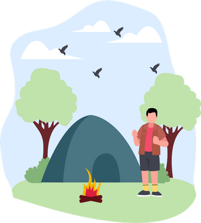 Man standing at campsite  Illustration