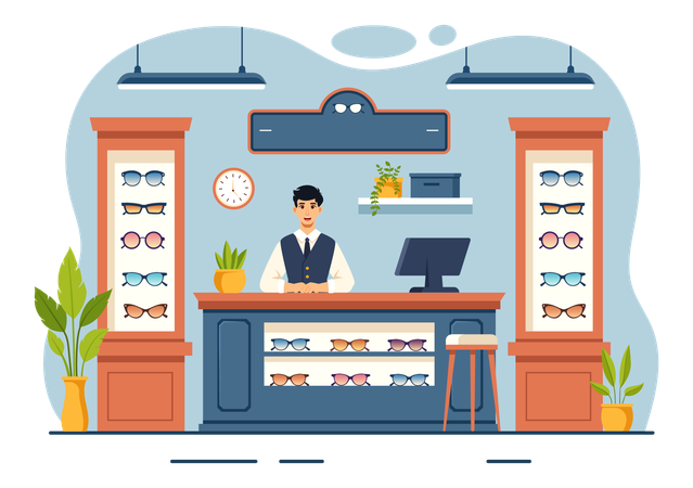 Man standing at cashier counter of optical store  Illustration