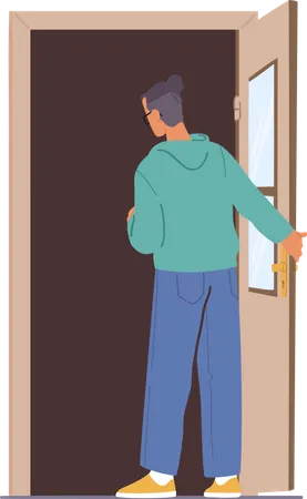 Young Man Stand At Home Doorway Look Inside Male Character Opening Door Isolated On White Background Invitation New Opportunity Entrance To Apartment Or Office Cartoon People Vector Illustration 일러스트레이션