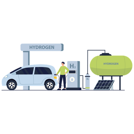 Man standing at hydrogen fuel station  Illustration