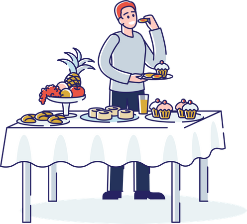 Man standing at table served and eating tasty food Illustration