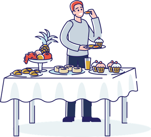 Man standing at table served and eating tasty food  Illustration