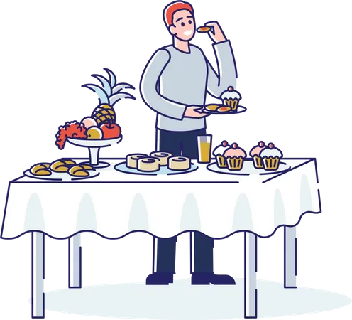 Man standing at table served and eating tasty food  Illustration