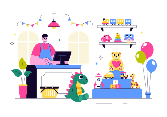 Man standing at toy store  Illustration