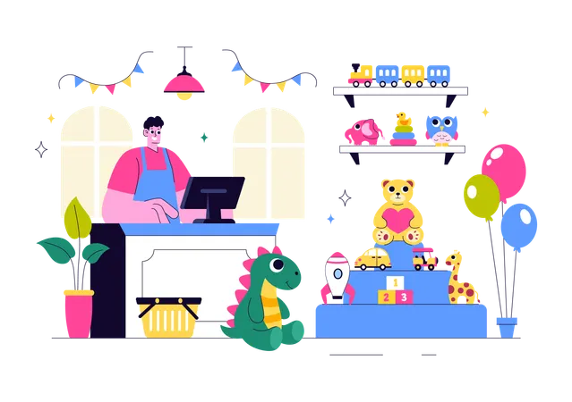 Man standing at toy store  Illustration