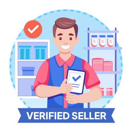 Man standing at verified seller  Illustration