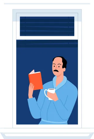 Man standing at window with reading book and drinking coffee  Illustration