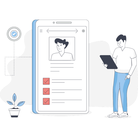 Man standing beside a phone displaying a person's profile indicating a conversation or connection  Illustration