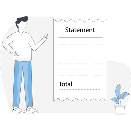 Man standing beside a statement sheet displaying a total amount of money owed  Illustration