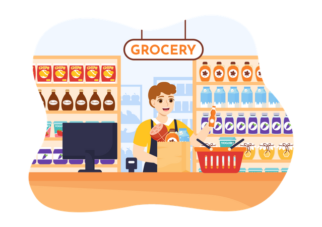 Man standing by Grocery store reception  Illustration