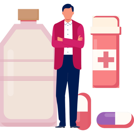 Man Standing By Medicines  Illustration