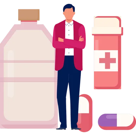 Man Standing By Medicines  Illustration