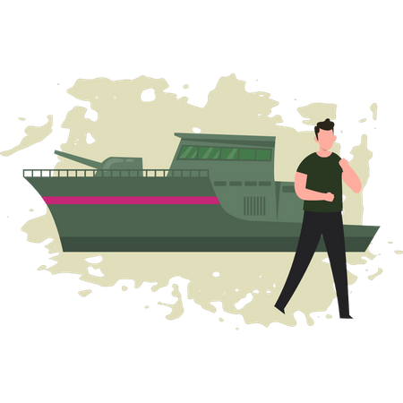 Man Standing By Military Ship Illustration