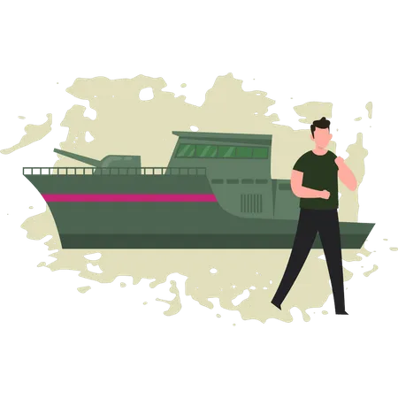 Man Standing By Military Ship  Illustration