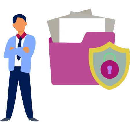 Man standing by secured folder  Illustration