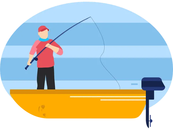 Man standing in boat while catching fish at Fishing spot  Illustration