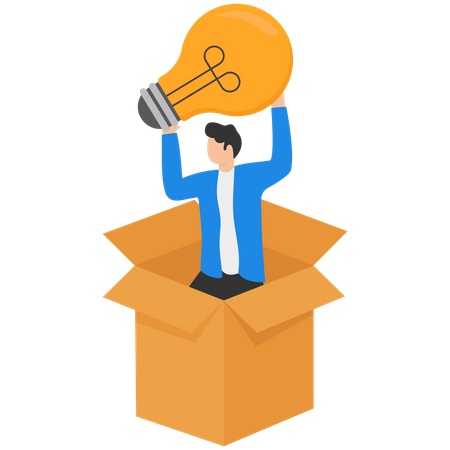 Man standing in box and holding glowing lightbulb  Illustration