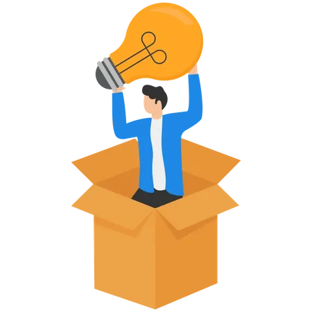 Man Standing In A Box And Holding A Glowing Lightbulb Concept Of Creative Thinking Creativity Innovative Idea Generation Insight Technological Breakthrough Modern Flat Colorful Vector Illustration Illustration