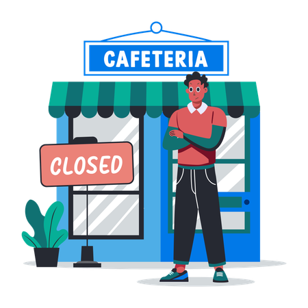 Man Standing in fornt of Closed Cafe  Illustration