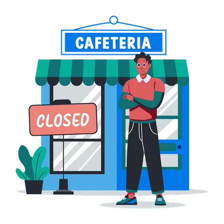 Man Standing in fornt of Closed Cafe  Illustration