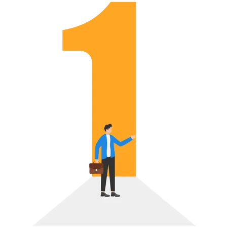 Man Standing in front of an open door in the shape of number one  Illustration