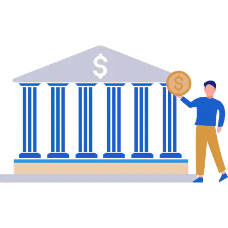 Man Standing In Front Of Bank Building  Illustration